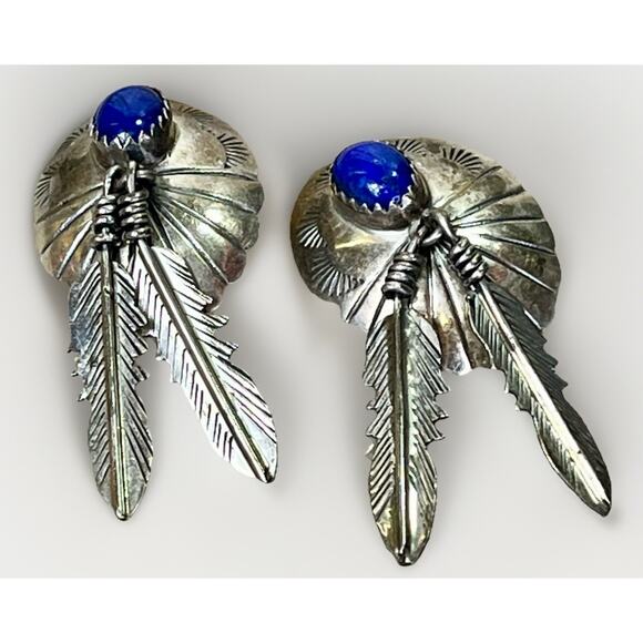 VTG Navajo Style Sterling Silver Feather Earrings w/ Blue Lapis Cabochon 9.6g - Picture 1 of 11